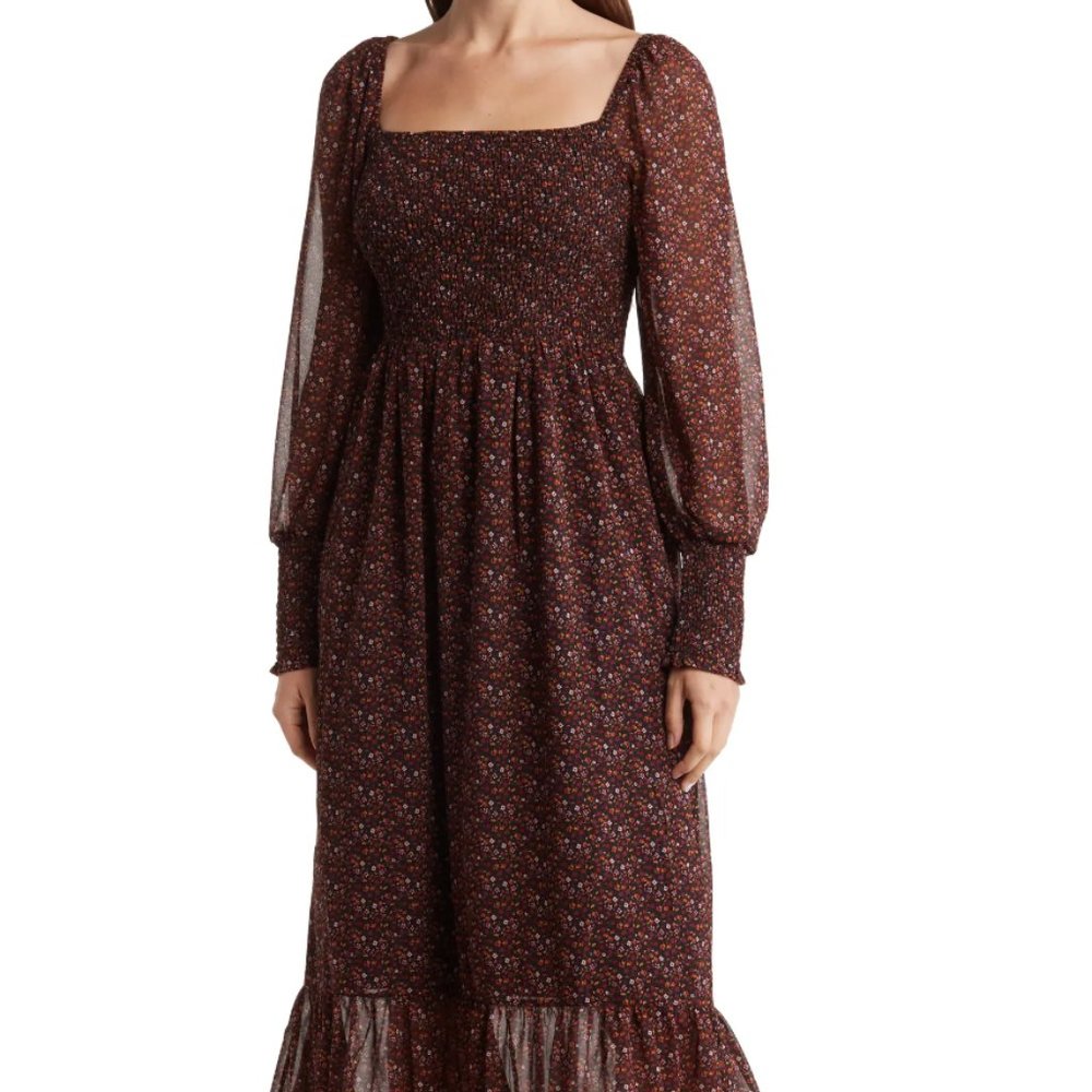 Floral Smocked Long Sleeve Maxi Dress - XL - Betsy Johnson